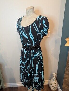 Vintage 80s Jolibel Black Dress with Aqua Wave Print & Shiny Mod Belt Sz 14 L/XL